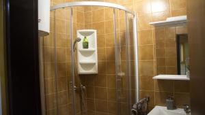 ein Badezimmer mit einer Dusche und einer Flasche auf einem Regal in der Unterkunft Robinzonski smještaj Green Peak in Tuhelj