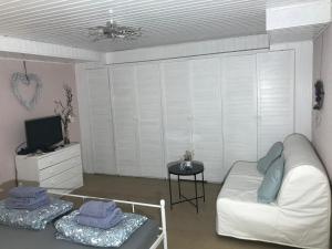 - un salon avec un canapé et une télévision dans l'établissement Ferienwohnung Natali, à Gau-Bickelheim