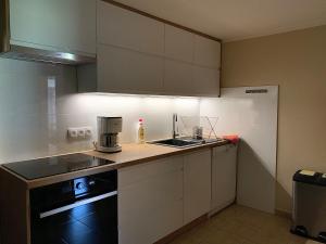 una cocina con armarios blancos y un aparato negro en Kapi-Spa Pokoje i Apartamenty, en Kluszkowce