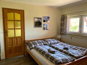 Schlafzimmer mit einem Bett, einem Fenster und einer Tür in der Unterkunft Kapi-Spa Pokoje i Apartamenty in Kluszkowce