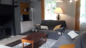 een woonkamer met een bank en een salontafel bij Le domaine des Ecureuils in Vassy