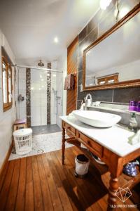 baño con lavabo y espejo grande en Chambre d'hôtes Le Petit Tertre, en Dijon