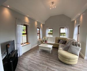 a living room with a couch and a tv at Lakeview Lodge in Monaghan