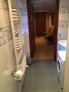 baño con aseo, lavabo y dispensador de papel higiénico en Apartamenty Słupskie, en Słupsk
