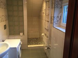 a bathroom with a shower and a sink at Apartamenty Słupskie in Słupsk