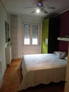 1 dormitorio con 1 cama y ventilador de techo en Apartamento Acogedor Bilbao en Bilbao