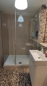 y baño con ducha y lavamanos. en Apartment in the heart of wexford town en Wexford