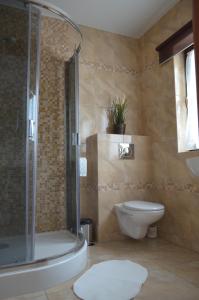 La salle de bains est pourvue d'une douche, de toilettes et d'un lavabo. dans l'établissement Domek nad jeziorem, à Dąbrówno