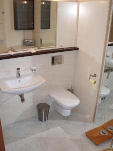 a bathroom with a sink and a toilet at Wigwam Apartament 8-osobowy in Sopot