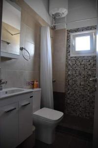 a bathroom with a toilet and a shower with a window at Family Apartments 4 in Lékhaion