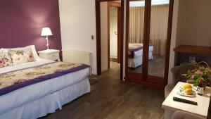 Habitación de hotel con cama, mesa y espejo en Martina de Goñi, en Pucón