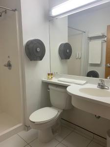 a bathroom with a toilet and a sink and a mirror at Intercity Zapopan in Guadalajara