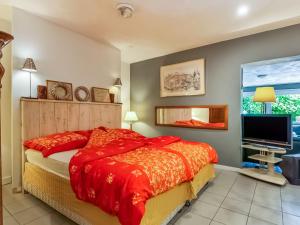 a bedroom with a bed and a flat screen tv at Holiday Home with Terrace Garden Parking in Uikhoven