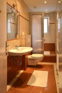y baño con lavabo, aseo y ducha. en Guesthouse Stremljan en Medvode