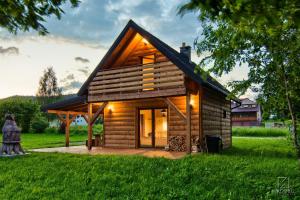 a small log cabin in a field of grass at Domek Przy Stoku in Tylicz