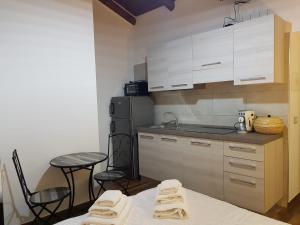 eine Küche mit einem Tisch und Stühlen sowie einem Kühlschrank in der Unterkunft Green Oasis Gabella Monolocale in Castelforte