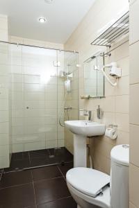 y baño con aseo, lavabo y ducha. en DK Kompleks Hotel, en Novosibirsk