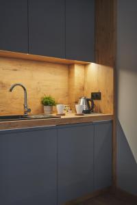 a kitchen with a sink and a counter top at Apartamenty SZAROTKA Nowy Targ in Nowy Targ