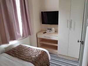 a bedroom with a bed and a sink and a television at 74 Belgravia in Torquay