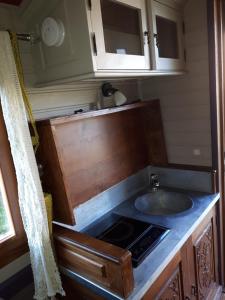 a kitchen with a sink and a stove at La roulotte de Glorit in Bourg-sur-Gironde