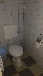 a bathroom with a white toilet in a room at Novákporta vendégház in Lakhegy +32 photos