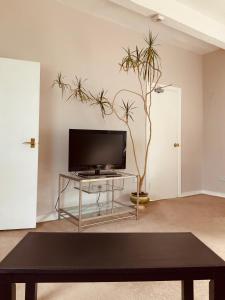 a living room with a tv and a table at The Stables Apartment in Newark upon Trent