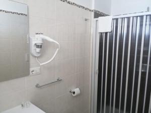 La salle de bains est pourvue d'une douche, de toilettes et d'un miroir. dans l'établissement Hotel Tirreno Formia, à Formia