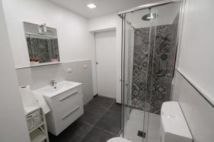 uma casa de banho com um chuveiro, um WC e um lavatório. em B&B Occhiolà em Grammichele