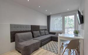 a living room with a couch and a table at Apartament Bella Mare z basenem in Łukęcin