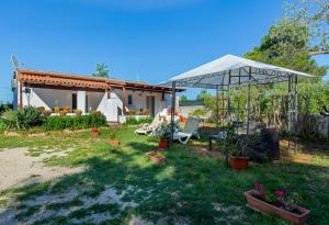 un jardin avec une tente et quelques plantes en pot dans l'établissement Apartments Elita, à Rovinj