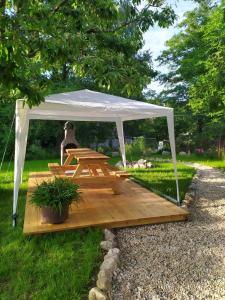 einen Picknicktisch unter einem weißen Baldachin im Hof in der Unterkunft Hejnice Retreat in Hejnice