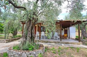 a house with a tree in front of a patio at Panos Cottage in Koinyra