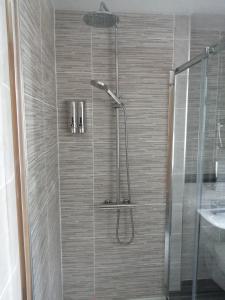 a shower in a bathroom with a glass door at Reveller Lodgings in Donegal