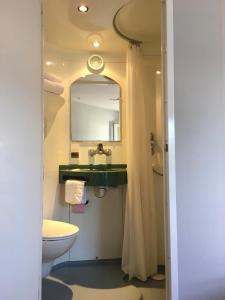 een badkamer met een wastafel, een toilet en een spiegel bij Fast Hotel Colmar Houssen in Houssen