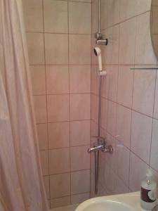 a shower with a shower curtain next to a sink at Rooms Katica in Korčula