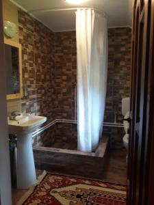 バドゥ・イゼイにあるPensiunea La Gorganのバスルーム(シャワー、シンク、バスタブ付)