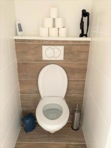 ein Bad mit einem WC und einem Regal mit Handtüchern in der Unterkunft Studio OK26 Oostkapelle in Oostkapelle + 6 Fotos