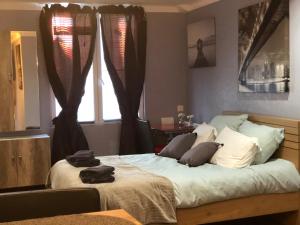 een slaapkamer met een bed met handdoeken erop bij Studio Chaleureux Blois Centre in Blois