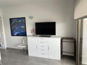 Televízia a/alebo spoločenská miestnosť v ubytovaní Apartament El Far