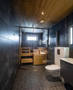 a bathroom with a toilet and a tub and a sink at Levin Kunkku, Apartment B7 in Levi