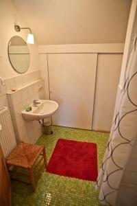 a bathroom with a sink and a red rug at Ferienhaus Kastaniengrün in Worpswede