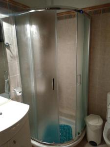 una doccia con porta in vetro in bagno di Harmony seaside apartments a Koropi