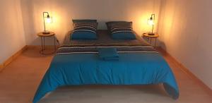 a bed in a room with two lamps on both sides at Le gîte de l'atelier in Lailly-en-Val