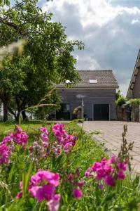 dom z różowymi kwiatami przed nim w obiekcie De Nieuwe Warande w mieście Tilburg