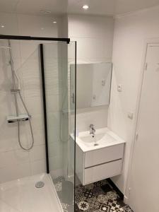 La salle de bains blanche est pourvue d'un lavabo et d'une douche. dans l'établissement Le Treize-Mer, à Le Portel