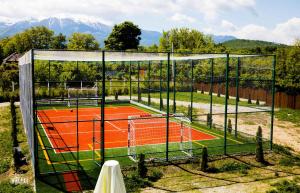 a tennis court with a net on a tennis court at Popasul Montan in Avrig