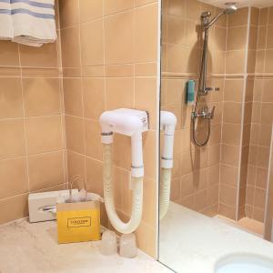 a bathroom with a blow dryer and a shower at Residence Le Suffren in Grimaud