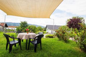 een tafel en stoelen in het gras onder een tent bij Ferienwohnung Granat in Untergriesbach