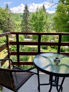 a glass table and chairs on a balcony with a view at Casa Flori de Sare in Slănic