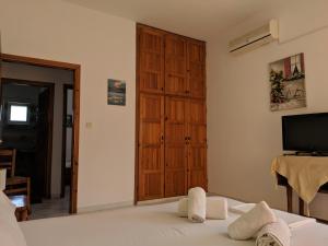 a room with a bed and a tv and a door at Oasis Apartments in Stoupa